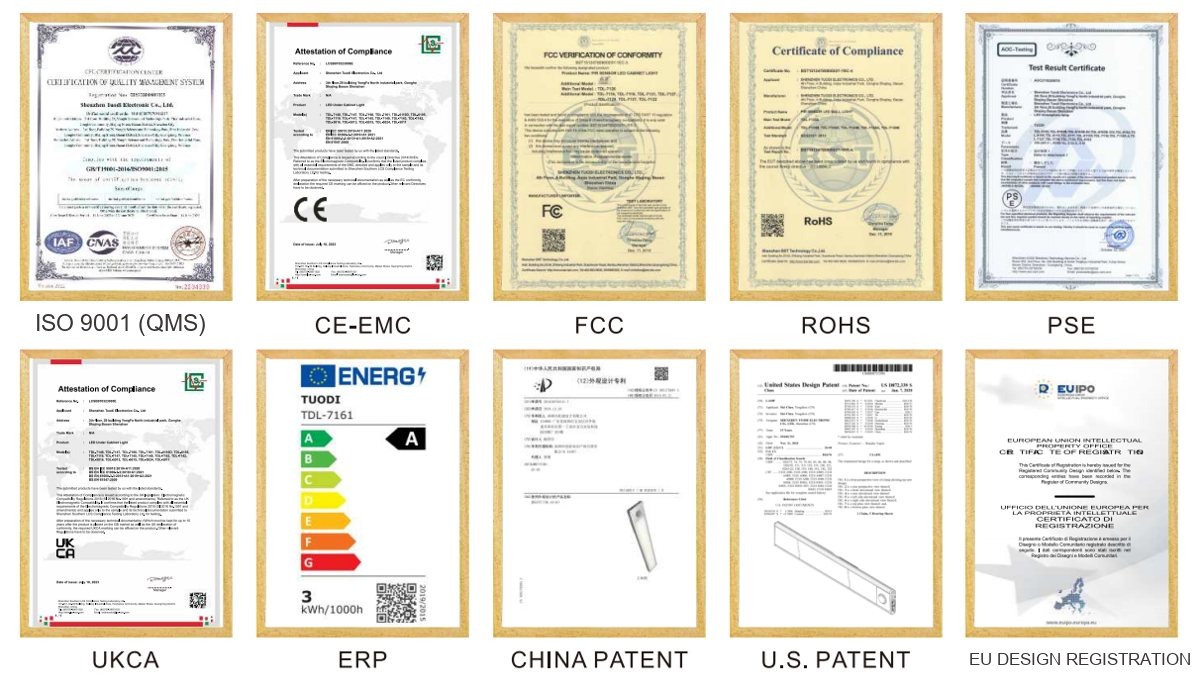 The certificate display at the TUODI factory: a framed document labelled ISO 9001, CE-EMC, FCC, RoHS, PSE and UKCA documents, an EU energy label for the LED under-cabinet light (TDL-7161), alongside Chinese and US design patents and an EU registered design