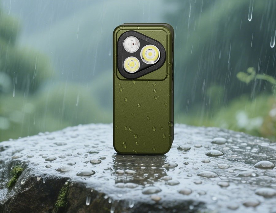 TD-CL04 photographed in heavy rain — the factory’s own illustration of its IPX6 marking