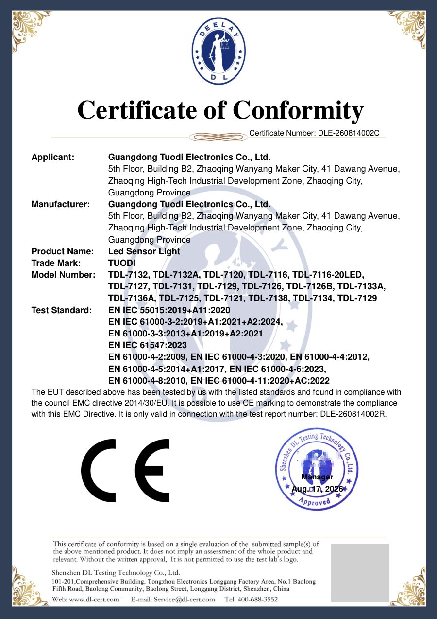 CE EMC certificate of conformity DLE-260814002C for TUODI battery sensor lights