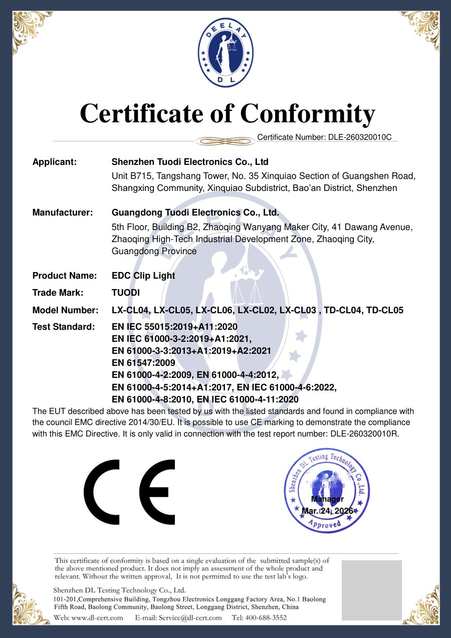 CE EMC certificate DLE-260320010C for TUODI CL04 and CL05 camping lights