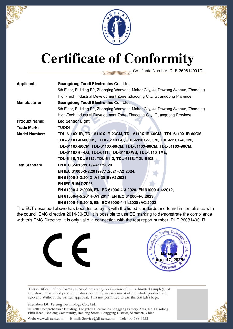CE EMC certificate of conformity DLE-260814001C for TUODI rechargeable sensor cabinet lights