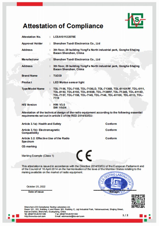 CE RED attestation of compliance LCSA101122078E for TUODI LED motion sensor lights, 2022