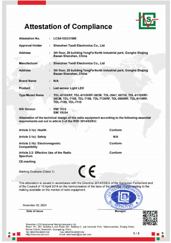 CE RED attestation of compliance LCSA10233108E for LED sensor lights, 2023