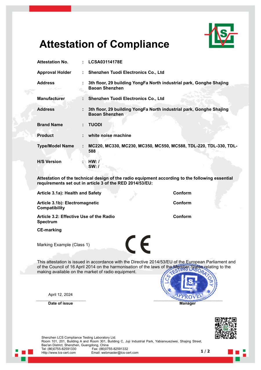 CE RED attestation of compliance LCSA03114178E for TUODI white noise machines