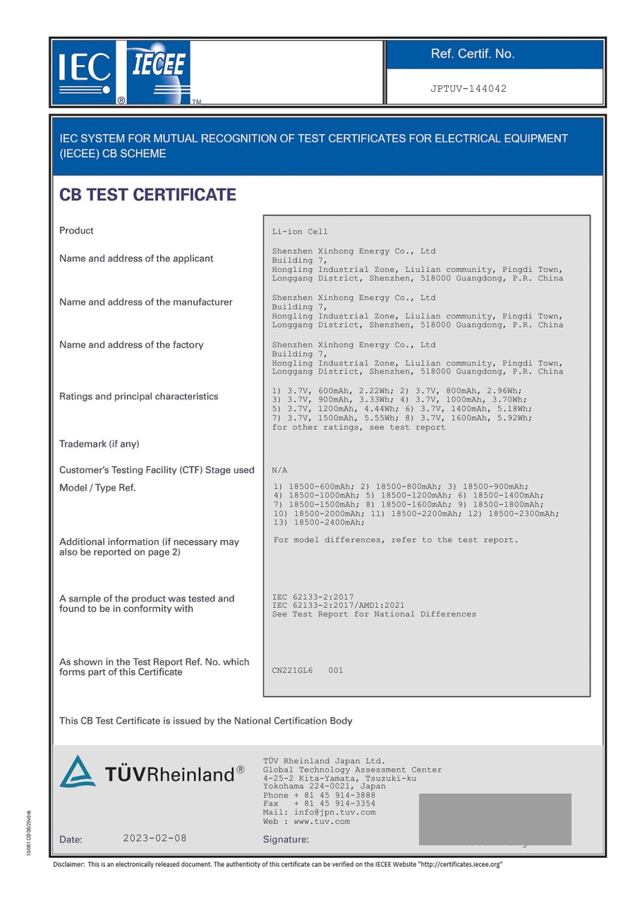 IECEE CB test certificate JPTUV-144042 listing the XH 18500 1500 mAh cell