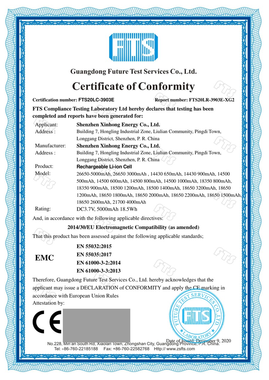 CE EMC Certificate of Conformity FTS20LC-3903E for Shenzhen Xinhong Energy battery cells