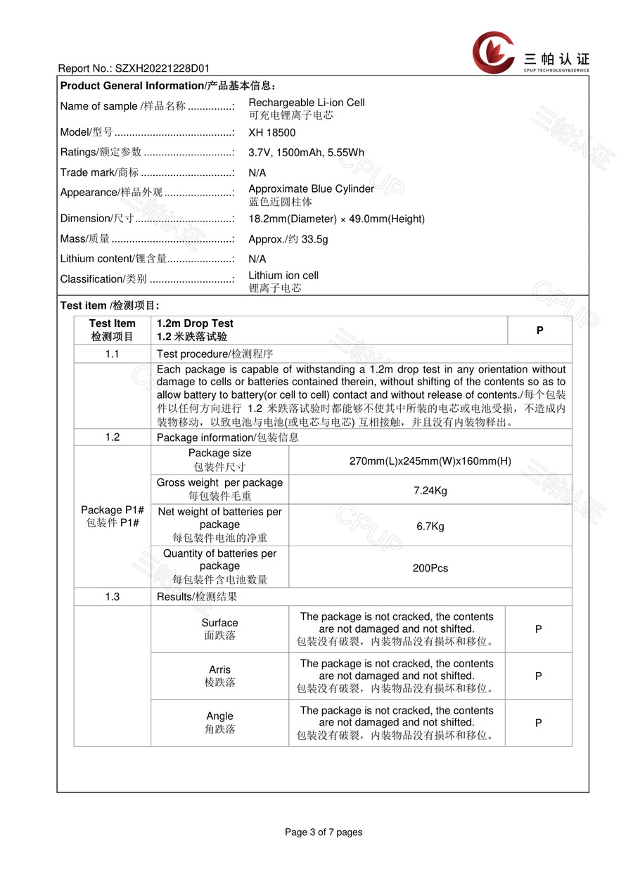 1.2 m drop test report SZXH20221228D01 results page, Pass
