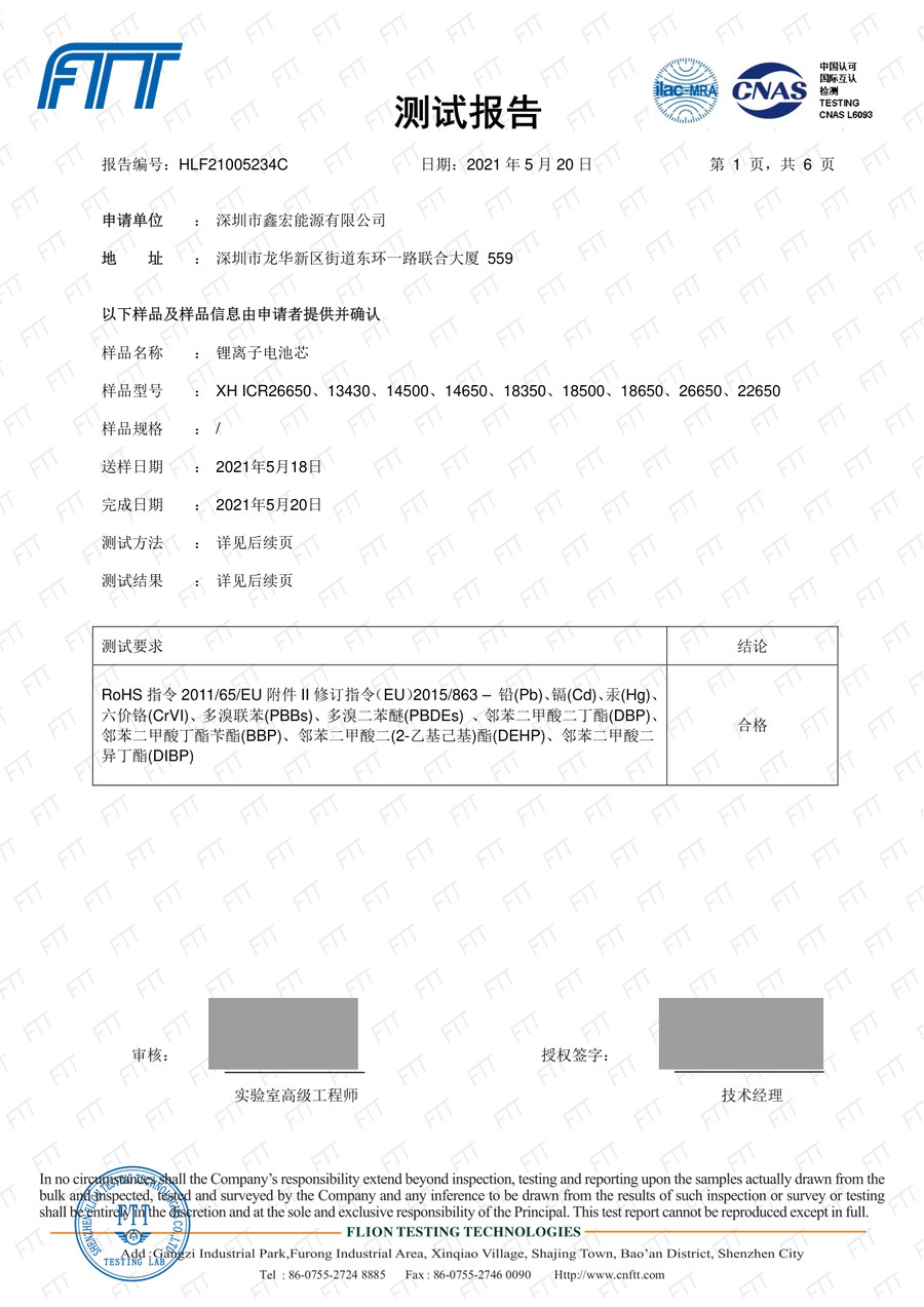 RoHS test report HLF21005234C cover page, applicant Shenzhen Xinhong Energy, 20 May 2021