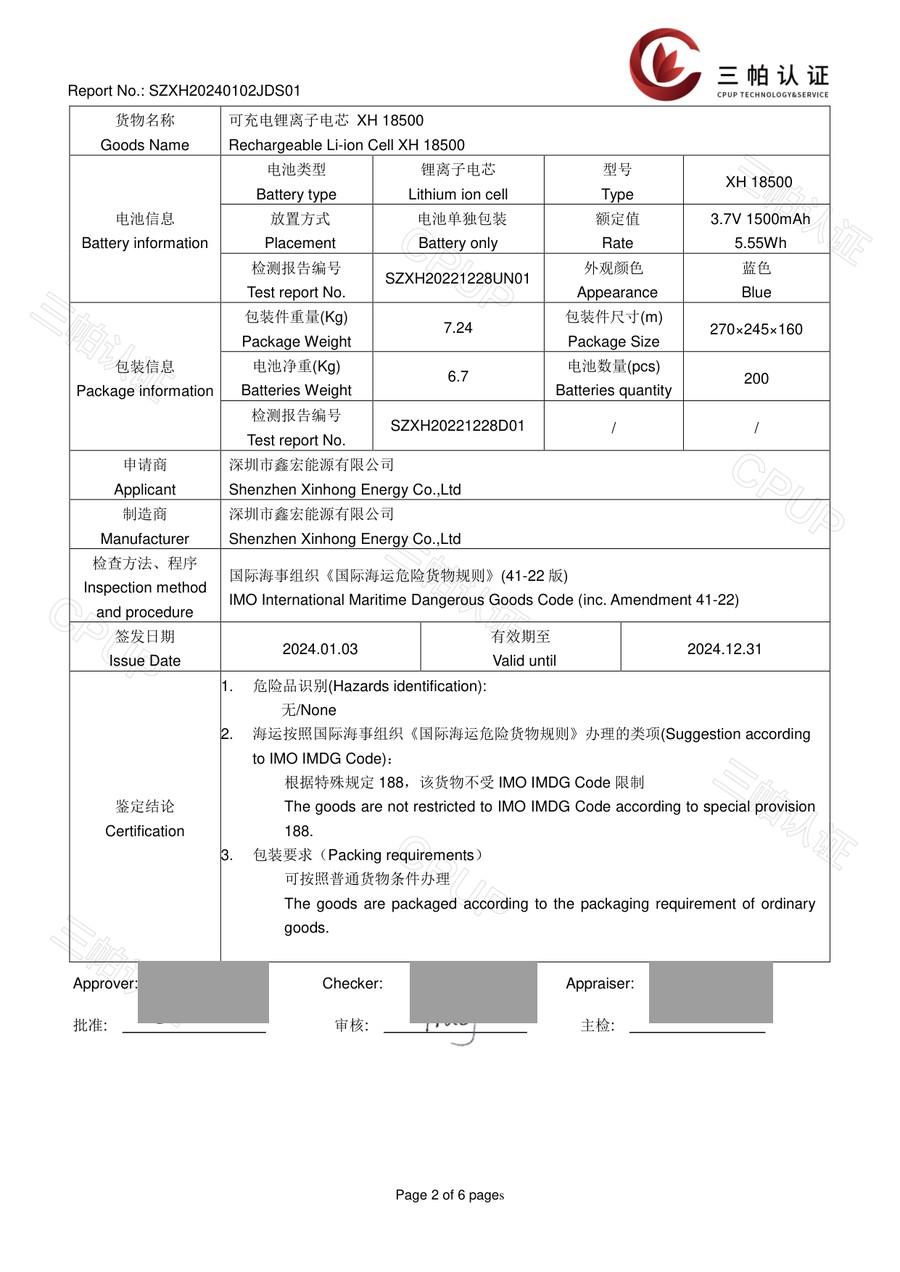 Sea transport classification SZXH20240102JDS01 results page for the XH 18500 1500 mAh cell, expired 31 December 2024