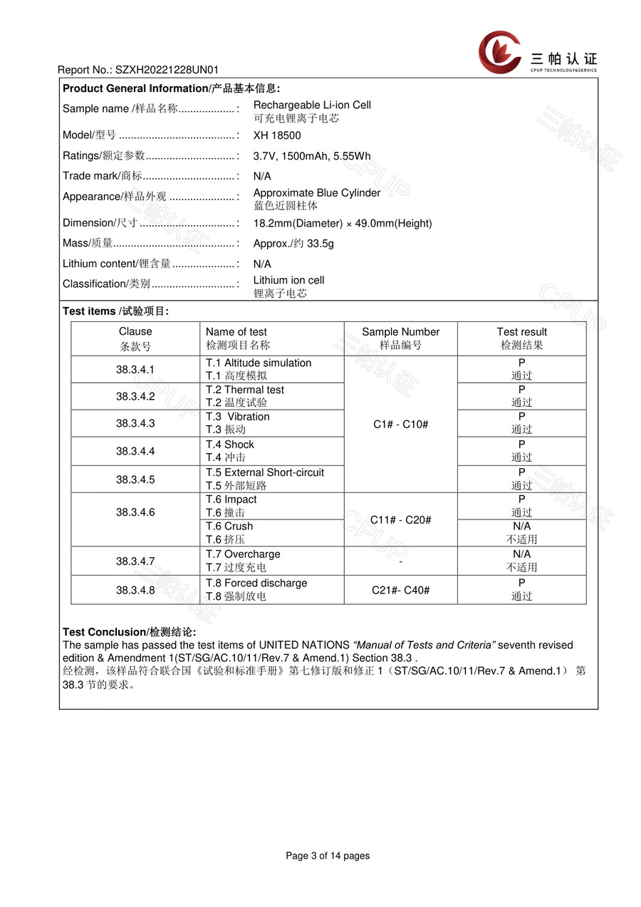 UN 38.3 test report SZXH20221228UN01 results page for the XH 18500 3.7V 1500 mAh 5.55Wh cell