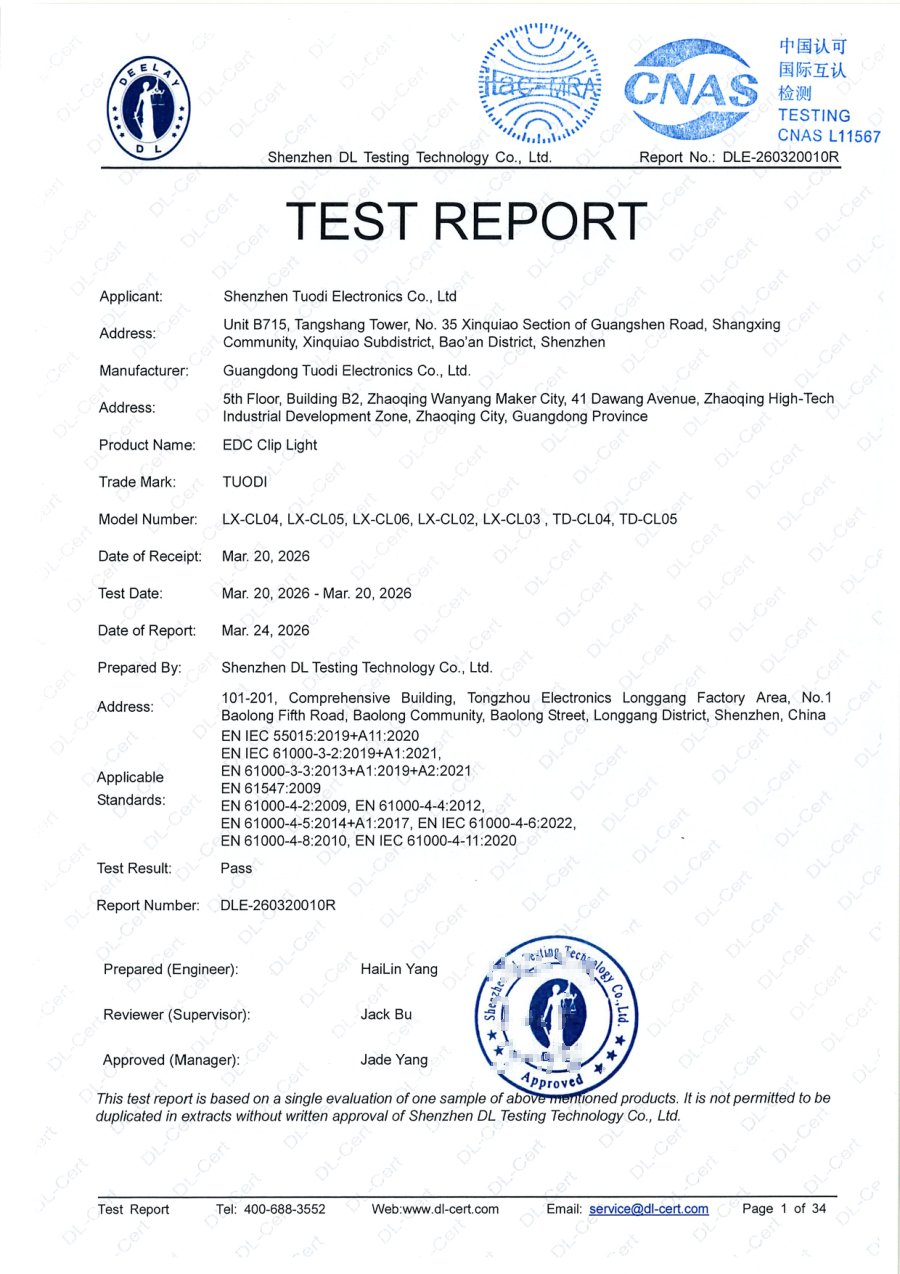 Cover page of EMC test report DLE-260320010R for TUODI TD-CL04 and TD-CL05 camping lights
