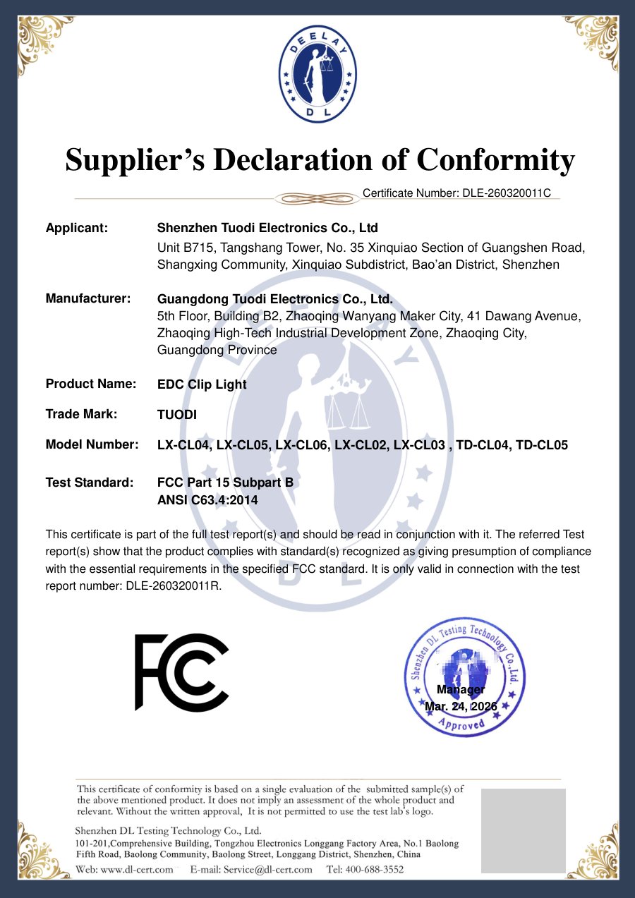 FCC Part 15B supplier declaration support document DLE-260320011C for TUODI camping lights