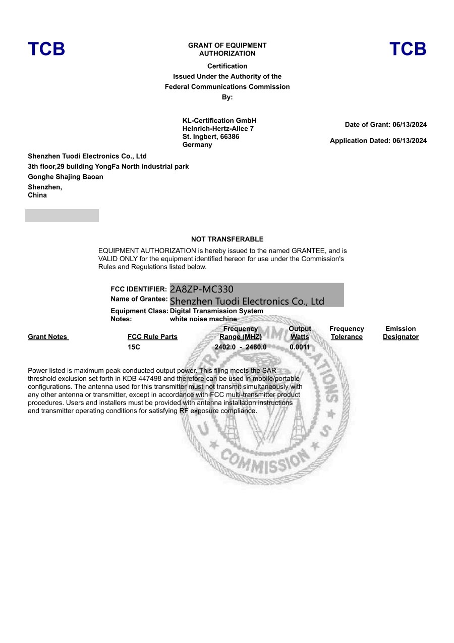 Second FCC Grant of Equipment Authorization for FCC ID 2A8ZP-MC330, Digital Transmission System class, issued to Shenzhen Tuodi Electronics