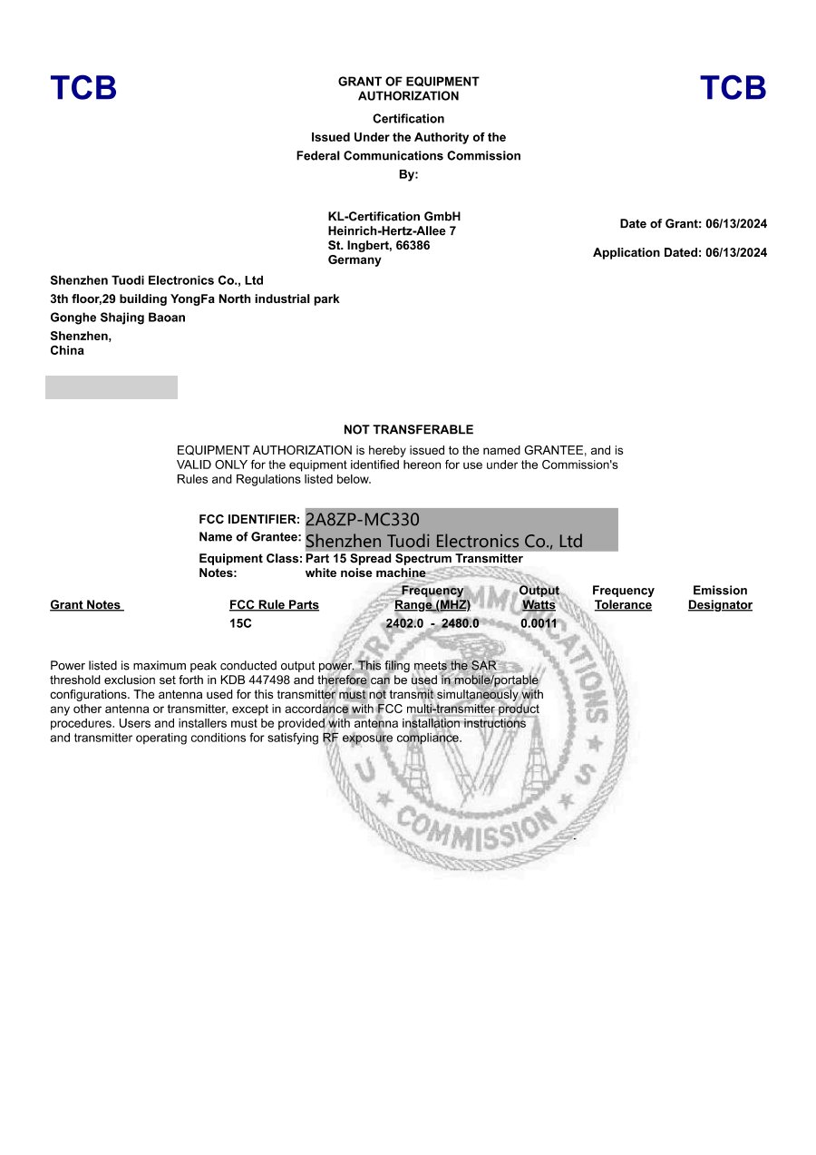 FCC Grant of Equipment Authorization, FCC ID 2A8ZP-MC330, issued to Shenzhen Tuodi Electronics