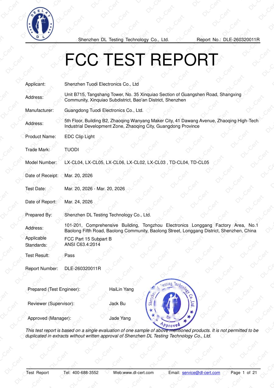 Cover page of FCC Part 15B test report DLE-260320011R for TUODI TD-CL04 and TD-CL05 camping lights