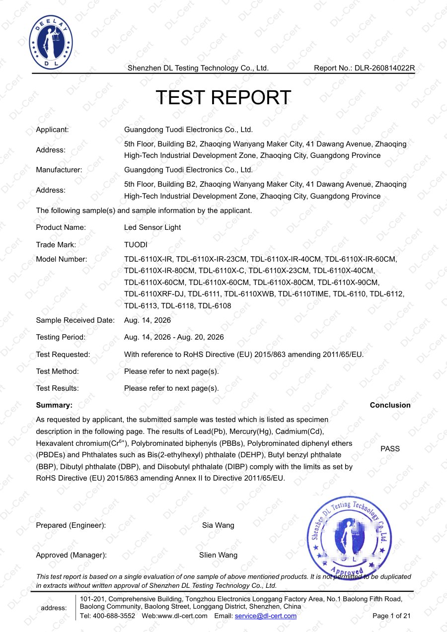Cover page of RoHS test report DLR-260814022R for TUODI rechargeable sensor cabinet lights