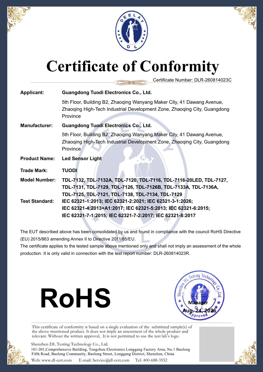 RoHS certificate of conformity DLR-260814023C for TUODI sensor lights