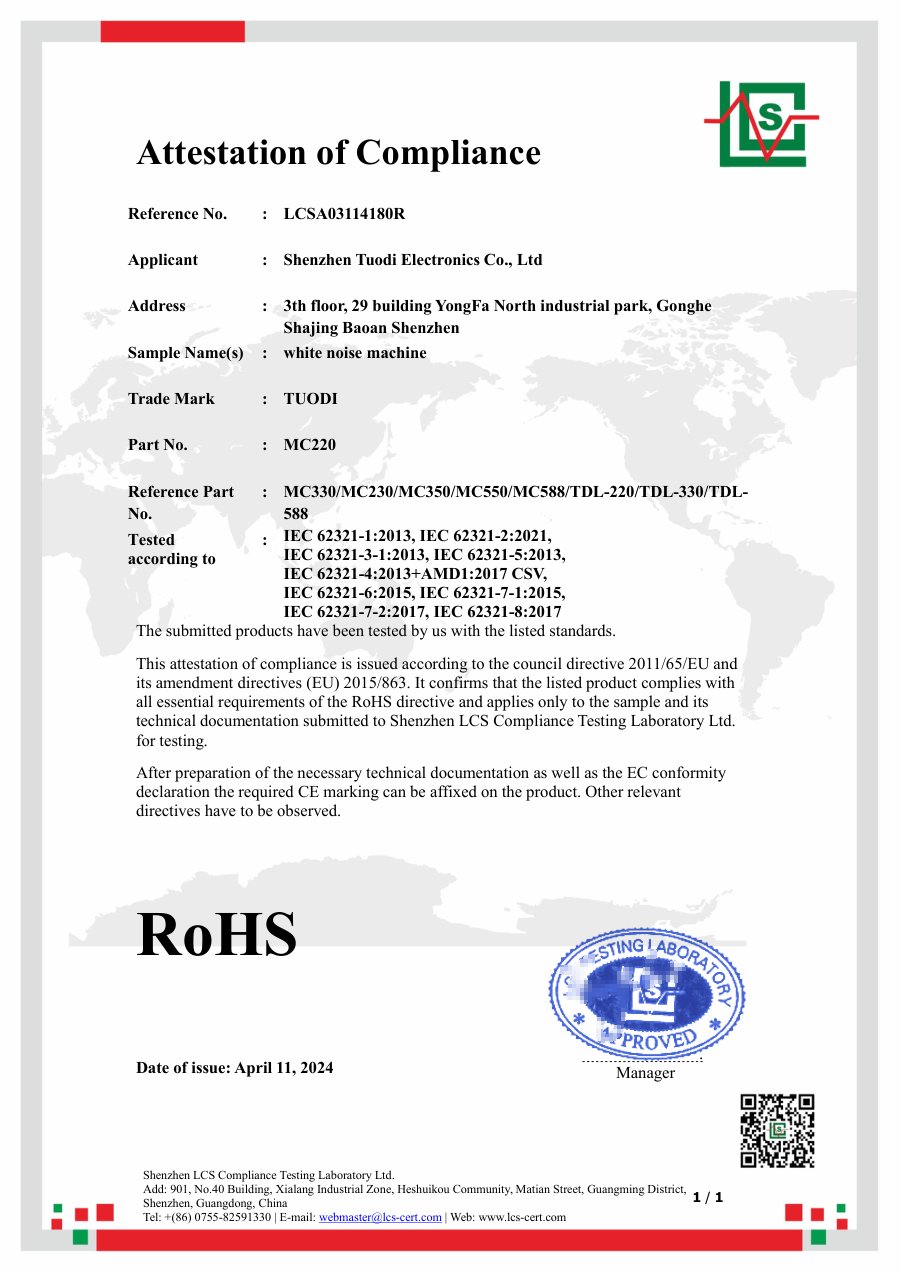 RoHS attestation of compliance LCSA03114180R for TUODI white noise machines