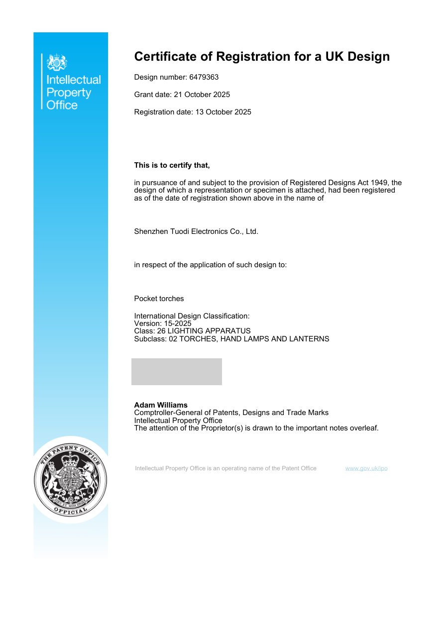 UK registered design 6479363 for pocket torches, Shenzhen Tuodi Electronics