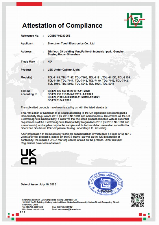 UKCA attestation of compliance LCSB070323005E for LED under-cabinet lights, 2023