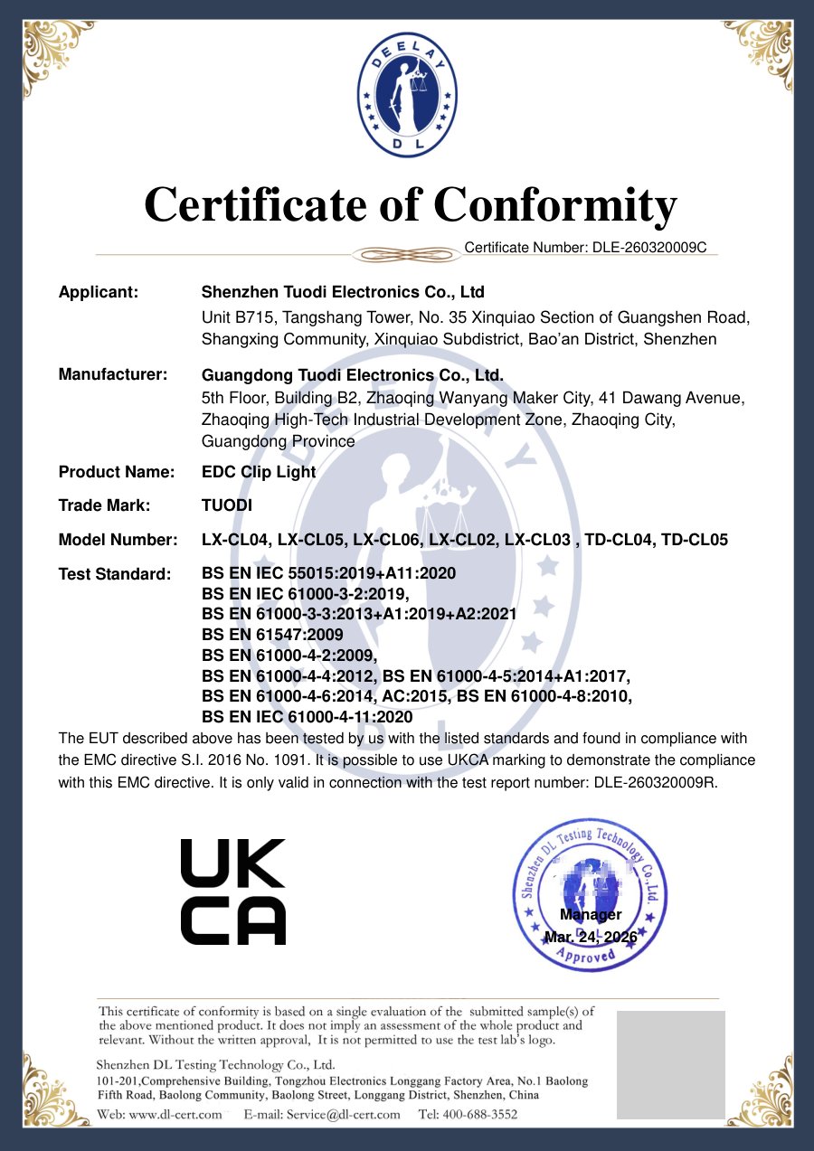 UKCA EMC certificate of conformity DLE-260320009C for TUODI CL04 and CL05 camping lights