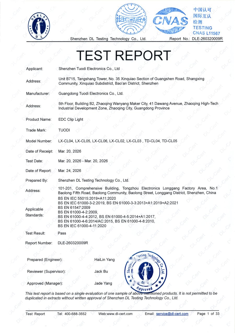 Cover page of BS EN EMC test report DLE-260320009R for TUODI TD-CL04 and TD-CL05 camping lights