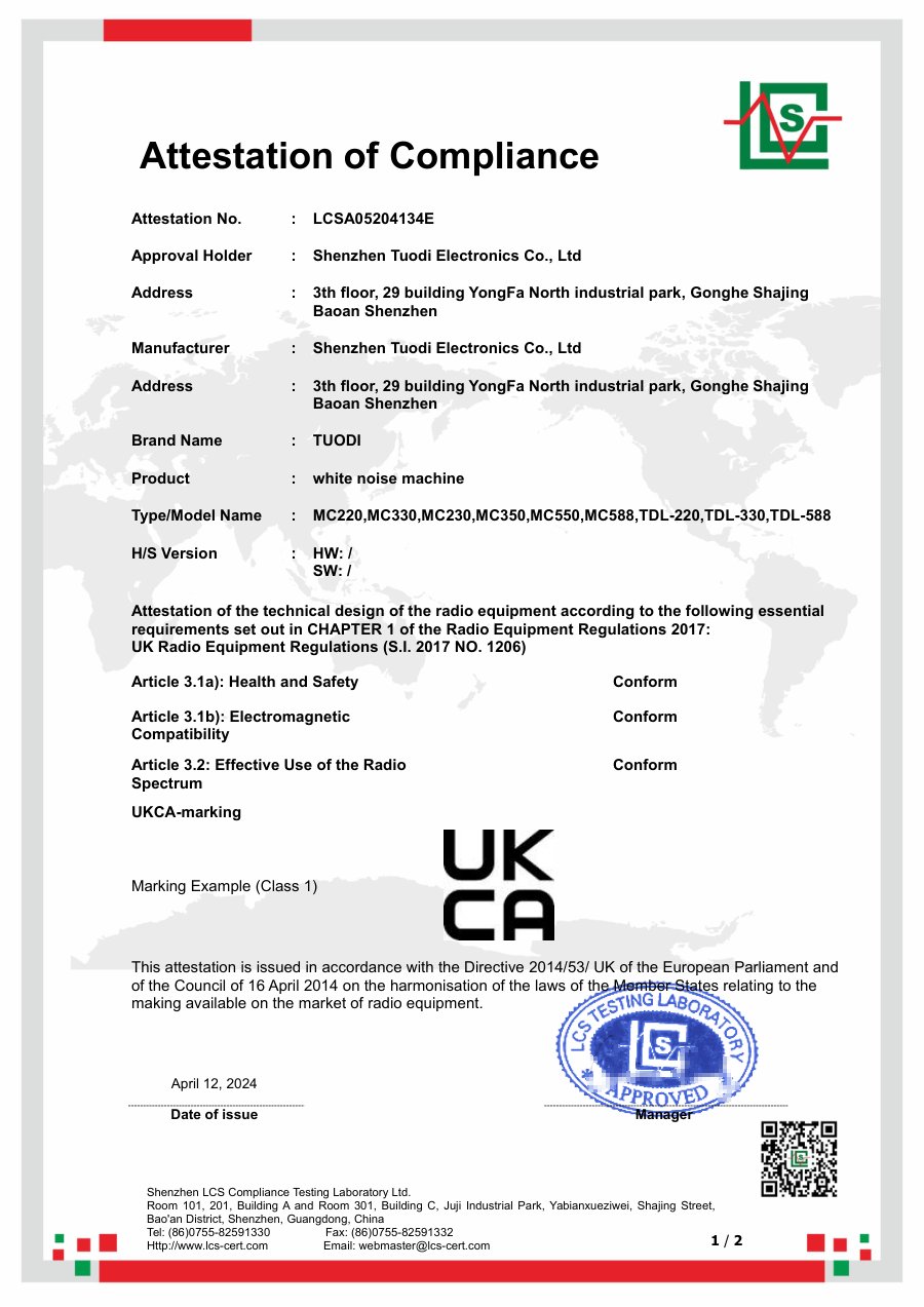 UKCA attestation LCSA05204134E for TUODI white noise machines