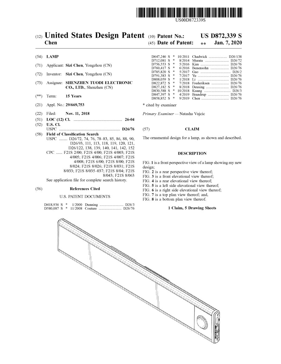 US design patent D872,339 assigned to Shenzhen Tuodi Electronic Co Ltd for a sensor lamp