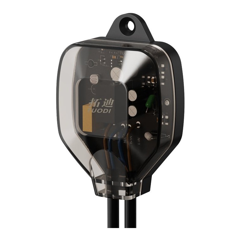 TUODI GK-AC-220V dusk-to-dawn photocell switch, transparent housing showing the sensing board and flying leads