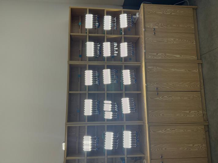 Multiple light products illuminated together on a factory bench