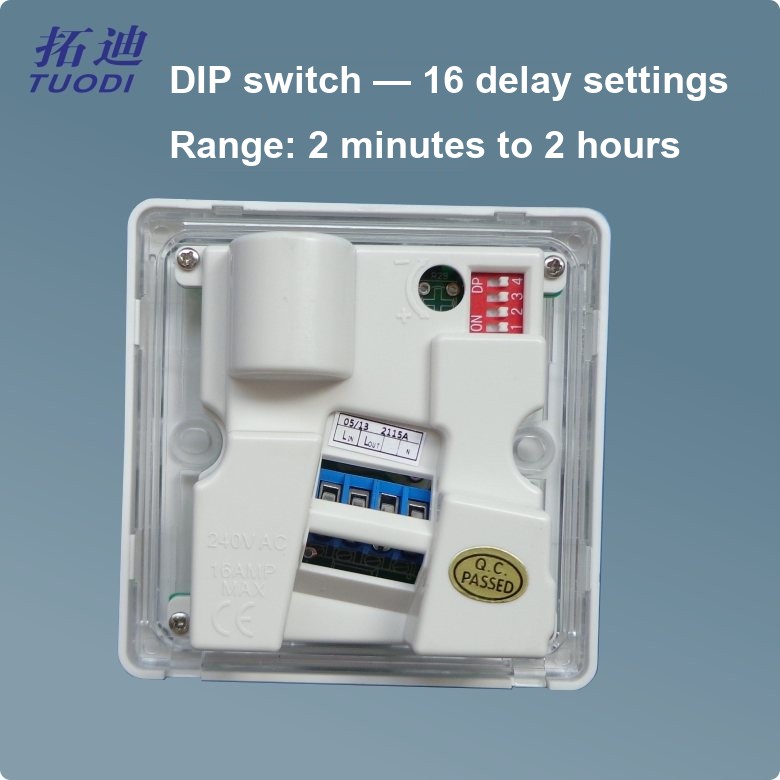 TUODI TDL-2115 timer switch rear with DIP selector, 240VAC 16A max marking