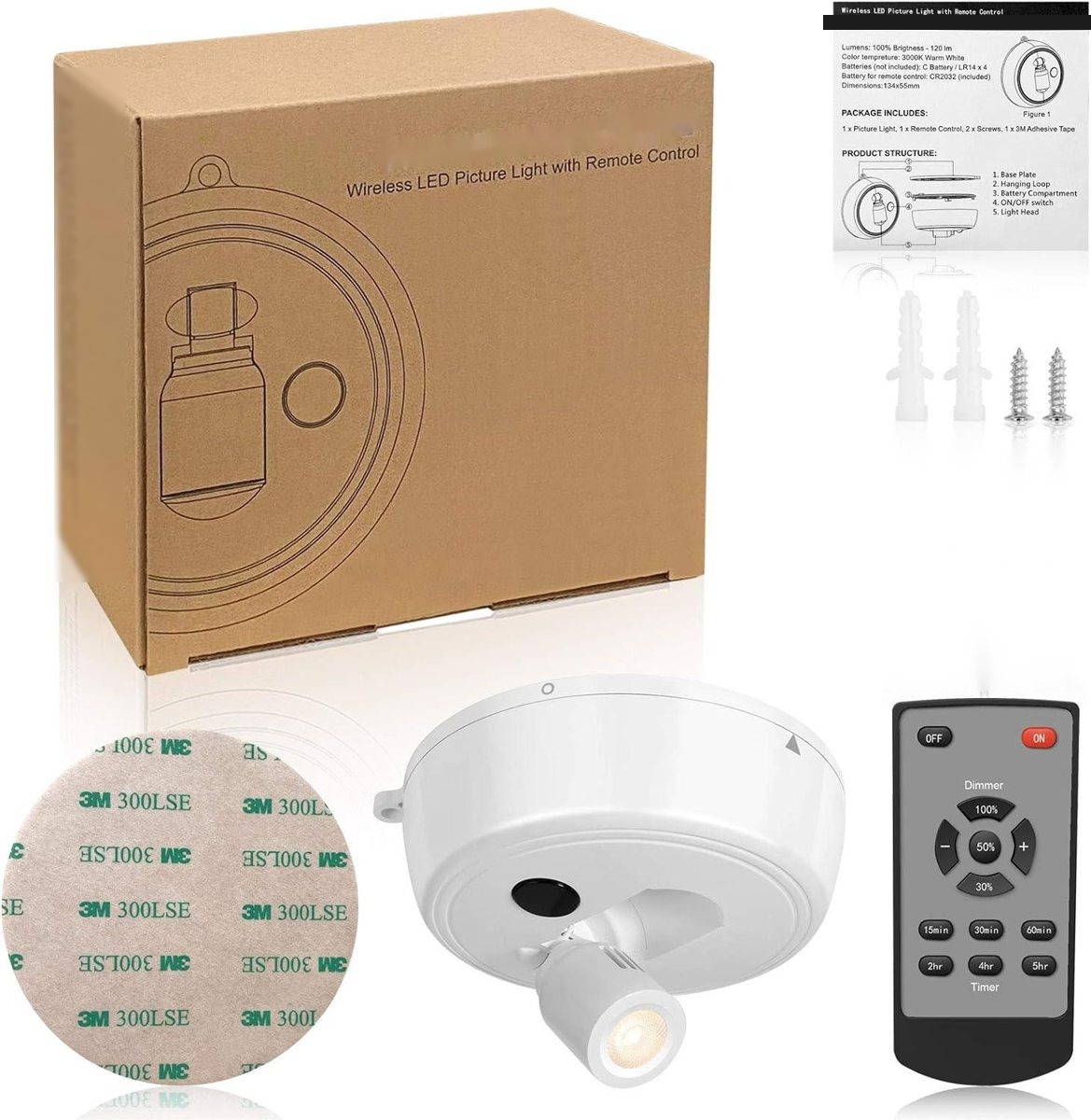 TDL-7134 wireless picture light with remote, spec card and mounting hardware