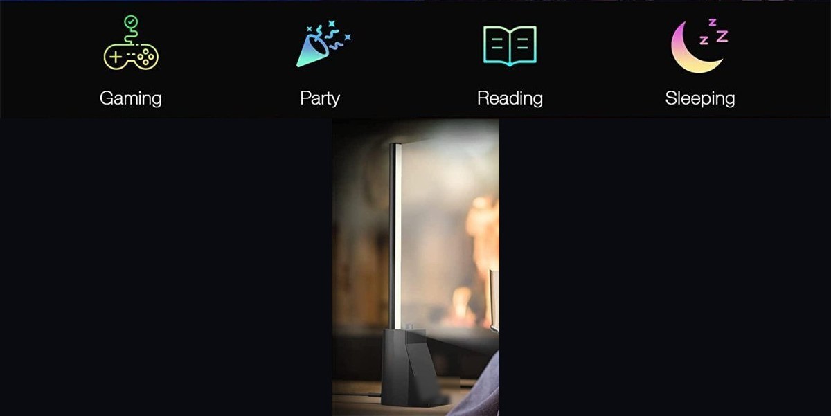TDL-8193 ambient light bar shown lit, with its gaming, party, reading and sleep scene modes